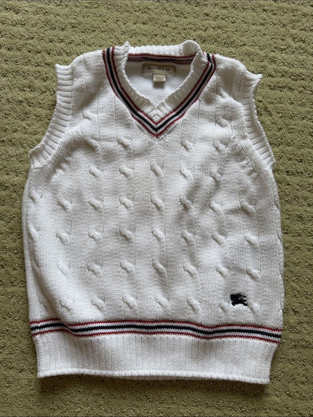 Burberry White Cable-Knit V-Neck Sweater Vest with Navy and Red Stripe Trim